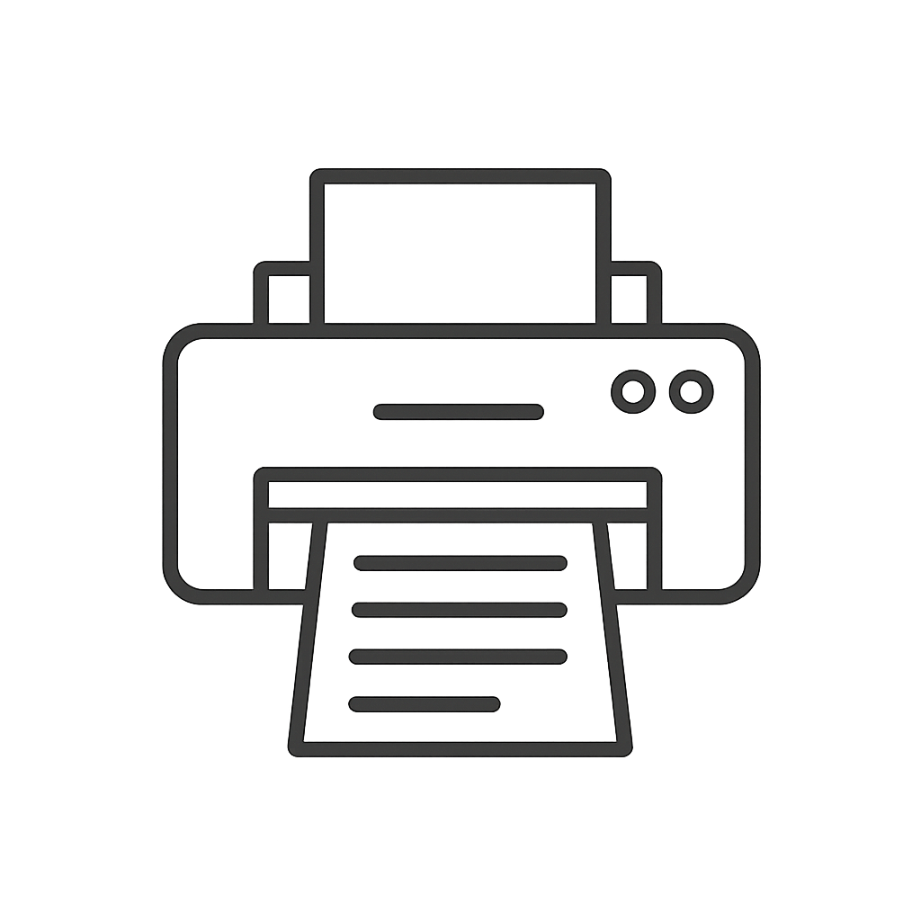 A black and grey icon of a printer with an open paper tray.